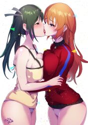 Rule 34 | 2girls, absurdres, alternate breast size, blue eyes, blue stripes, blush, breasts, charlotte e. yeager, cleavage, collarbone, francesca lucchini, french kiss, green eyes, green hair, hair ribbon, highres, hug, kiss, large breasts, long hair, looking at another, momoyama tits, multiple girls, orange hair, panties, ribbon, signature, simple background, strike witches, striped clothes, striped panties, tongue, track suit, twintails, underwear, white background, white panties, white stripes, world witches series, yuri
