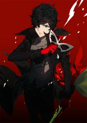 Rule 34 | 10s, 1boy, amamiya ren, black hair, glasses, gloves, gradient background, hair over one eye, holding, holding mask, holding weapon, lirica, looking at viewer, male focus, mask, persona, persona 5, red background, red eyes, red gloves, short hair, simple background, smile, solo, weapon