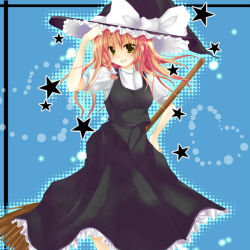 Rule 34 | 1girl, blonde hair, bow, braid, broom, female focus, grin, hair bow, hand on headwear, hand on own hip, hat, heart, kirisame marisa, mutsu (kitakaze berry), side braid, smile, solo, star (symbol), touhou, witch, witch hat, yellow eyes