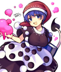 Rule 34 | 1girl, :d, blue eyes, blue hair, blush, book, breasts, commentary, cowboy shot, dated, doremy sweet, dream soul, dress, eyebrows, hat, holding, holding book, iroyopon, large breasts, leaning forward, looking at viewer, matching hair/eyes, naughty face, nightcap, open mouth, pom pom (clothes), short hair, short sleeves, signature, smile, smug, solo, tail, tapir tail, taut clothes, taut dress, thick eyebrows, touhou, white background