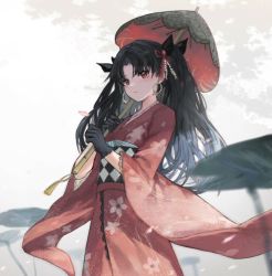 Rule 34 | 1girl, black gloves, black hair, blush, closed mouth, cowboy shot, earrings, fate/grand order, fate (series), floral print, gloves, hair ribbon, holding, holding umbrella, hoop earrings, ishtar (fate), ishtar (formal dress) (fate), japanese clothes, jewelry, kimono, long hair, long sleeves, looking at viewer, mada (shizhou), obi, parted bangs, print kimono, red eyes, red kimono, red ribbon, ribbon, sash, solo, tassel, tohsaka rin, two side up, umbrella, wide sleeves