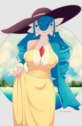 Rule 34 | 1girl, artist name, bare shoulders, black hat, black sclera, blue hair, blue skin, blue sky, body markings, breasts, cleavage, closed mouth, clothes lift, cloud, collarbone, colored sclera, colored skin, commission, cowboy shot, creatures (company), day, dress, dress lift, drill hair, eyes visible through hair, facial mark, female focus, game freak, gardevoir, gen 3 pokemon, glowing, glowing eyes, hair between eyes, hand up, happy, hat, large breasts, large hat, lifting own clothes, long dress, long hair, multicolored skin, nintendo, outdoors, outline, patreon username, peach-cup, pokemon, pokemon (creature), sidelocks, skindentation, sky, sleeveless, sleeveless dress, smile, solo, split mouth, standing, straight-on, sun hat, twin drills, twitter username, two-tone skin, watermark, whisker markings, white outline, white skin, yellow dress, yellow eyes
