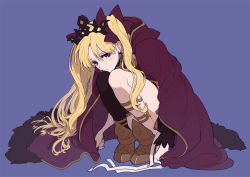 Rule 34 | 1girl, blonde hair, blush, bow, cape, earrings, ereshkigal (fate), fate/grand order, fate (series), hair bow, hair ribbon, isshoku (shiki), jewelry, long hair, looking at viewer, parted bangs, purple background, red eyes, ribbon, simple background, skull, solo, squatting, tiara, tohsaka rin, two side up, very long hair