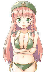 Rule 34 | 1girl, :d, arnest, bare arms, bare shoulders, beret, bikini, black bow, blush, bow, braid, breast hold, breasts, collarbone, commentary request, cowboy shot, crossed arms, green bikini, green eyes, green hat, hair bow, halterneck, hat, hong meiling, large breasts, long hair, looking at viewer, navel, open mouth, red hair, side-tie bikini bottom, simple background, smile, solo, standing, star (symbol), stomach, sweat, swimsuit, touhou, twin braids, very long hair, white background