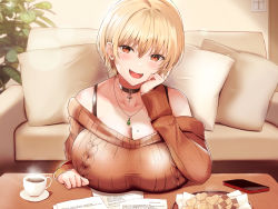 Rule 34 | 1girl, black choker, blonde hair, blush, breast rest, breasts, brown eyes, brown sweater, cellphone, choker, cleavage, coffee, coffee cup, coffee table, commentary request, cookie, couch, cross, cup, cushion, disposable cup, elbow rest, fang, food, hair between eyes, head rest, highres, jewelry, large breasts, living room, looking at viewer, mole, mole on breast, mole under eye, necklace, off-shoulder sweater, off shoulder, open mouth, original, papers, phone, plant, pov, pov across table, romaji text, short hair, smartphone, smile, solo, spaghetti strap, sweater, table, takaharu, translation request, upper body