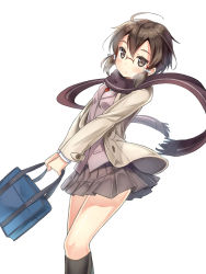 Rule 34 | 10s, 1girl, asada shino, bag, brown eyes, brown hair, glasses, jacket, scarf, school bag, shitou (1992116210), short twintails, simple background, skirt, solo, sword art online, twintails, vest, white background