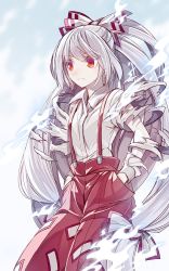 Rule 34 | 1girl, albino, blue background, blue fire, bow, expressionless, fire, fujiwara no mokou, gradient background, hair bow, hair ornament, hair ribbon, hands in pockets, jpeg artifacts, long hair, looking away, pants, red eyes, ribbon, shirt, solo, torn clothes, torn sleeves, touhou, very long hair, white hair, zounose
