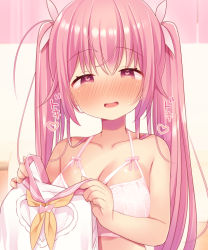 Rule 34 | 1girl, blush, bra, breasts, collarbone, dressing, female focus, full-face blush, genderswap, genderswap (mtf), heart, heart-shaped pupils, holding, holding clothes, large breasts, msp sammy, novel illustration, official art, open mouth, pink eyes, pink hair, pink sailor collar, sailor collar, shirt, solo, symbol-shaped pupils, twintails, underwear