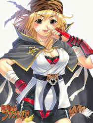 Rule 34 | 1girl, bandages, bandana, blonde hair, breasts, brown eyes, cape, cleavage, fang, gauntlets, gloves, ikeda yasuhiro, lingerie, lowres, mugen no fantasia, short hair, simple background, solo, tail, underwear