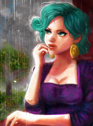 Rule 34 | 1girl, absurdres, aqua eyes, aqua hair, artist name, breasts, cleavage, commentary, day, dress, earrings, english commentary, hand to own mouth, highres, jewelry, lips, lipstick, looking afar, makeup, medium breasts, nail polish, outdoors, parted lips, purple dress, purple nails, rain, red lips, solo, stardew valley, sunlight, traveling merchant (stardew valley), tree, yanting sun