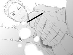 Rule 34 | 10s, 1boy, absurdres, censored, erection, haikyuu!!, highres, male focus, masturbation, monochrome, nude, penis, sawamura daichi, solo, steam, testicles, white background, wince, wink