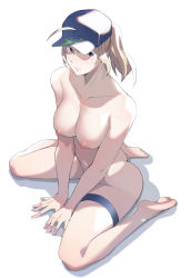 Rule 34 | 1girl, ahoge, artoria pendragon (fate), ayakumo, barefoot, blonde hair, blue eyes, blue hat, breasts, closed mouth, collarbone, fate/grand order, fate (series), full body, hair through headwear, hat, highres, large breasts, looking at viewer, mysterious heroine x (fate), mysterious heroine xx (fate), navel, nipples, short hair, simple background, sitting, smile, solo, white background