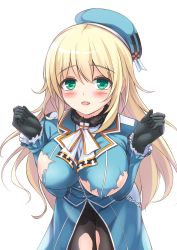 Rule 34 | 10s, 1girl, aqua eyes, atago (kancolle), bad id, bad pixiv id, bent over, beret, black gloves, black pantyhose, blonde hair, blush, breasts, covered erect nipples, cowboy shot, female focus, gloves, hat, highres, kantai collection, large breasts, long hair, looking at viewer, military, military uniform, open mouth, pantyhose, see-through, simple background, smile, solo, thigh gap, tiphereth, torn clothes, uniform, white background