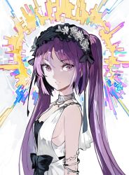 Rule 34 | 1girl, alchemaniac, arms at sides, bow, bracelet, breasts, choker, commentary, dress, euryale (fate), euryale (third ascension) (fate), fate/hollow ataraxia, fate (series), hair ribbon, hairband, halo, headdress, jewelry, looking at viewer, no bra, open mouth, petals, purple eyes, purple hair, ribbon, shadow, sideboob, sidelocks, sleeveless, sleeveless dress, small breasts, smile, solo, twintails, upper body, white background