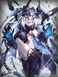Rule 34 | 1girl, blue eyes, chain, claw pose, claws, cuffs, dragon girl, dragon tail, dragon wings, fangs, fingernails, glowing, glowing eyes, glowing tattoo, hair between eyes, highres, long hair, looking at viewer, navel, nogi lief, open mouth, original, pale skin, shackles, sharp fingernails, solo, tail, teeth, upper teeth only, very long hair, white hair, wings
