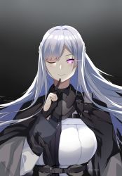 Rule 34 | 1girl, ak-12 (girls&#039; frontline), artificial eye, black background, braid, breasts, closed mouth, commentary, fingers to chin, french braid, girls&#039; frontline, gloves, glowing, glowing eyes, hand on own chin, j.moon, large breasts, long hair, looking at viewer, mechanical eye, one eye closed, partially fingerless gloves, pink eyes, sidelocks, silver hair, smile, strap, swept bangs, tactical clothes, upper body