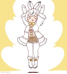 Rule 34 | 1girl, animal ears, arms up, boots, bow, bowtie, coat, coroha, extra ears, ezo mountain hare (kemono friends), full body, gloves, jumping, kemono friends, kemono friends 3, looking at viewer, pantyhose, shirt, short hair, simple background, skirt, solo, white hair, yellow background
