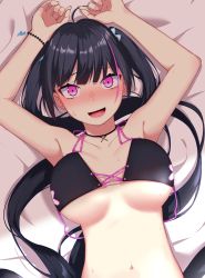 Rule 34 | 1girl, :d, absurdres, ahoge, armpits, arms up, bare arms, bare shoulders, bed sheet, bikini, black bikini, black hair, blush, bracelet, breasts, breasts apart, choker, halterneck, highres, ichiki 1, jewelry, large breasts, long hair, looking at viewer, lying, multicolored hair, navel, nose blush, on back, open mouth, original, pink eyes, smile, solo, stomach, streaked hair, sweat, swimsuit, twintails, upper body, very long hair
