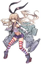 Rule 34 | 1girl, air qh, anchor hair ornament, bad id, bad twitter id, black neckerchief, black panties, blonde hair, blue sailor collar, blue skirt, crop top, elbow gloves, full body, gloves, grey eyes, hair ornament, hairband, highleg, highleg panties, highres, kantai collection, long hair, looking at viewer, machinery, microskirt, miniskirt, neckerchief, o3o, panties, pleated skirt, rensouhou-chan, sailor collar, shimakaze (kancolle), simple background, skirt, solo, striped clothes, striped thighhighs, thighhighs, underwear, white background, white gloves