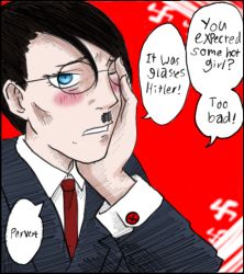 Rule 34 | 1boy, adolf hitler, black suit, blouse, bow, bowtie, collared shirt, commentary, english text, formal, glasses, imageboard, krautchan, male focus, meme, necktie, practical-hetalia, real life, red background, red bow, red bowtie, shirt, simple background, solo, speech bubble, suit, swastika, text focus, too bad! it was just me! (meme), trifle nihai, white shirt