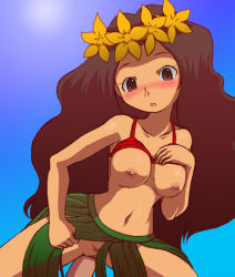 Rule 34 | 1girl, bare arms, bare shoulders, blush, breasts, brown eyes, brown hair, clothed sex, clothes lift, collarbone, dark skin, female pubic hair, flower, grass skirt, head wreath, hetero, legs apart, long hair, maruroo (pop&#039;n music), medium breasts, midriff, navel, nipples, nollety, nose blush, open mouth, orange flower, penis, pop&#039;n music, pubic hair, sex, shirt lift, skirt aside, solo focus, stomach, uncensored, vaginal, very long hair