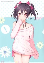 Rule 34 | !, 1girl, 6u (eternal land), absurdres, bare shoulders, black hair, blue background, blush, bow, bowtie, closed mouth, collarbone, earrings, floral background, hair bow, hand up, highres, jewelry, long sleeves, love live!, love live! school idol project, page number, polka dot, polka dot background, pulled by self, red eyes, shiny skin, short twintails, simple background, sleeves past wrists, solo, sweater, twintails, yazawa nico