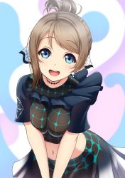 Rule 34 | 1girl, :d, alternate costume, alternate hairstyle, amagi (volfuji), blue eyes, blush, breasts squeezed together, breasts, brown hair, choker, contrapposto, earmuffs, grey hair, hair ribbon, highres, looking at viewer, love live!, love live! sunshine!!, medium breasts, midriff, navel, open mouth, raised eyebrows, ribbon, short hair, short sleeves, skirt, smile, solo, teeth, watanabe you