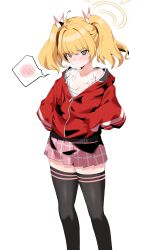 Rule 34 | 1girl, absurdres, black thighhighs, blonde hair, blue archive, blush, breasts, brown eyes, cleavage, closed mouth, commentary, halo, hands in pockets, highres, jacket, looking at viewer, pink skirt, plaid, plaid skirt, pleated skirt, plentyofempty, red jacket, short hair, simple background, skirt, small breasts, solo, spoken blush, standing, thighhighs, twintails, white background, yellow halo, yoshimi (blue archive), zettai ryouiki, zipper