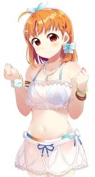 Rule 34 | 1girl, ahoge, bad id, bad pixiv id, bikini, bikini under clothes, blue bikini, blue bow, blue hairband, blush, bow, bracelet, breasts, clenched hands, closed mouth, collarbone, earrings, flower bracelet, hair bow, hairband, jewelry, looking at viewer, love live!, love live! school idol festival, love live! sunshine!!, medium breasts, navel, orange hair, red eyes, short hair, simple background, smile, solo, star (symbol), star earrings, swimsuit, takami chika, totoki86, white background