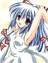 Rule 34 | 1girl, armpits, blue hair, dress, female focus, fujiwara no mokou, hair ribbon, lowres, red eyes, ribbon, solo, touhou, tress ribbon