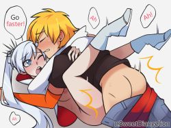 Rule 34 | 1boy, 1girl, ass, blonde hair, blue eyes, blush, boots, breasts, closed eyes, clothes pull, denim, english text, hetero, hug, jaune arc, jeans, long hair, lying, missionary, nipples, on back, one eye closed, open mouth, pants, pants pull, ponytail, rwby, scar, scar across eye, scar on face, sex, short hair, speech bubble, sweat, sweetdiangelion, wedge heels, weiss schnee, white background, white hair