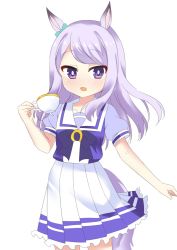 Rule 34 | 1girl, :d, animal ears, black bow, blush, bow, commentary request, cup, ear bow, frilled skirt, frills, green bow, hand up, highres, holding, holding cup, horse ears, horse girl, horse tail, long hair, looking at viewer, mejiro mcqueen (umamusume), open mouth, pleated skirt, puffy short sleeves, puffy sleeves, purple eyes, purple hair, purple shirt, rnond, school uniform, shirt, short sleeves, simple background, skirt, smile, solo, swept bangs, tail, teacup, tracen school uniform, umamusume, very long hair, white background, white skirt