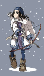 Rule 34 | 10s, 1girl, ainu clothes, arrow (projectile), asirpa, black hair, boots, bow (weapon), cape, commentary, drawing bow, earrings, full body, fur boots, fur cape, golden kamui, golden kamuy, headband, highres, holding, holding bow (weapon), holding weapon, hoop earrings, jewelry, knife, messy hair, sheath, simple background, snow, solo, weapon, yamamoto souichirou