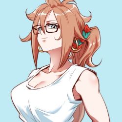 Rule 34 | 1girl, alternate hairstyle, android 21, black-framed eyewear, blue background, blue eyes, breasts, brown hair, cleavage, closed mouth, collarbone, commentary request, curly hair, dragon ball, dragon ball fighterz, earrings, flat color, glasses, hair ornament, hair up, high ponytail, hoop earrings, jewelry, kemachiku, long hair, looking at viewer, lowres, medium breasts, ponytail, scrunchie, shirt, smile, solo, tank top, upper body, very long hair, white shirt