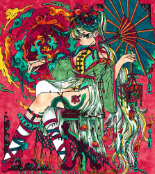 Rule 34 | 1girl, animal, animal on shoulder, asymmetrical legwear, ballet slippers, beads, bodysuit, bow, braid, chinese clothes, expressionless, fire, from side, garter straps, green eyes, green hair, hair bow, headpiece, high ponytail, highres, holding, holding lantern, holding umbrella, horns, jewelry, kneehighs, lantern, leg tattoo, limited palette, long hair, looking ahead, marker (medium), multicolored eyes, multicolored hair, multiple braids, off shoulder, oil-paper umbrella, original, plantar flexion, pom pom (clothes), red background, ring, single thighhigh, sitting, snake, socks, split mouth, stool, streaked hair, talisman, tassel, tattoo, thighhighs, traditional media, umbrella, very long hair, whorled clouds, wide sleeves, yamakita higashi