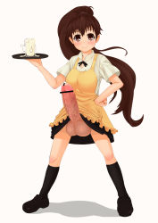 Rule 34 | 1futa, apron, bad id, bad pixiv id, blush, brown eyes, brown hair, censored, cum, cum in container, cum in cup, erection, foreskin, full body, futanari, gokkun, hand on own hip, highres, hip focus, huge penis, legs apart, long hair, looking at viewer, penis, ponytail, simple background, skirt, smile, solo, standing, taneshima popura, tedain, testicles, tray, very long hair, waitress, working!!