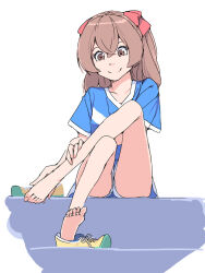 Rule 34 | 1girl, akinbo (hyouka fuyou), bare legs, barefoot, blue shirt, blue shorts, bow, brown eyes, brown hair, closed mouth, delicious party precure, hair between eyes, hair bow, long hair, nagomi yui, precure, red bow, shirt, shoes, short shorts, short sleeves, shorts, simple background, sitting, smile, sneakers, solo, white background, yellow footwear