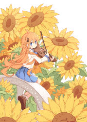 Rule 34 | 1girl, ahoge, blue eyes, blue skirt, blush, bow (music), brown footwear, flower, fortissimo, hair ornament, highres, holding, holding instrument, instrument, long hair, looking back, melanbread, music, musical note, musical note hair ornament, orange hair, original, playing instrument, pleated skirt, shirt, shoes, signature, simple background, sitting, skirt, sleeve cuffs, socks, sunflower, tareme, very long hair, violin, white background, white shirt
