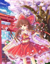 Rule 34 | 1girl, ascot, bow, brown eyes, brown hair, cherry blossoms, cloud, daiso, detached sleeves, dress, female focus, flower, gohei, hair bow, hair tubes, hakurei reimu, japanese clothes, miko, navel, open mouth, petals, ribbon, sky, smile, solo, torii, touhou, tree