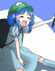Rule 34 | 1girl, :d, backpack, bag, blue footwear, blue hair, blush, blush stickers, boots, cucumber, dress, dress shirt, closed eyes, food, hair bobbles, hair ornament, hat, kameyan, kawashiro nitori, key, open mouth, pocket, puffy sleeves, rubber boots, shirt, short hair, short sleeves, sitting, skirt, skirt set, smile, solo, touhou, two side up, vegetable, white background