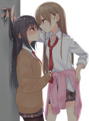 Rule 34 | 2girls, against wall, bad id, bad pixiv id, black hair, black legwear, blonde hair, blush, brown eyes, brown hair, cardigan, clothes around waist, collared shirt, dress shirt, eye contact, from side, green eyes, long hair, long sleeves, looking at another, mole, mole under eye, multiple girls, necktie, nekoume, open mouth, original, pantyhose, plaid, plaid skirt, playing with another&#039;s hair, red necktie, ruffling hair, school uniform, shirt, skirt, sleeves past wrists, sweater, sweater around waist, tied sweater, yuri