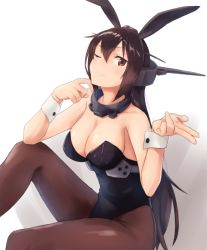 Rule 34 | 1girl, ;), alternate costume, animal ears, bare shoulders, black leotard, blush, breasts, brown pantyhose, cleavage, collat, fake animal ears, feet out of frame, headgear, hiiragii (hiiragi 0404), kantai collection, large breasts, leotard, long hair, looking at viewer, nagato (kancolle), one eye closed, pantyhose, playboy bunny, rabbit ears, sitting, smile, solo, straight hair, strapless, strapless leotard, underbust, very long hair, wrist cuffs