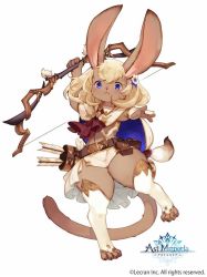 Rule 34 | 1girl, animal ears, arm up, arrow (projectile), ast memoria, belt, blonde hair, blue eyes, bow (weapon), cape, cat tail, character request, claws, commentary request, copyright notice, crop top, flower, full body, furry, furry female, hair flower, hair ornament, kishibe, long hair, midriff, miniskirt, open mouth, outstretched arm, outstretched hand, pouch, quiver, rabbit ears, rabbit girl, side slit, simple background, skirt, smile, solo, standing, standing on one leg, tail, thighhighs, thighs, toeless legwear, weapon, white background, white cape, white skirt, white thighhighs, zettai ryouiki