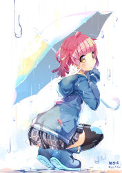 Rule 34 | 1girl, :3, ahoge, ass, black skirt, black thighhighs, blue footwear, blue jacket, blush, boots, cat, checkered clothes, checkered skirt, commentary request, from behind, hanpen (nijigasaki), highres, holding, holding umbrella, hood, hooded jacket, jacket, long sleeves, looking at viewer, looking back, love live!, love live! nijigasaki high school idol club, marker, miniskirt, pink hair, rain, rubber boots, short hair, simple background, skirt, sleeves past wrists, smile, squatting, tennoji rina, thighhighs, umbrella, water drop, wet, wet hair, white background, white cat, yellow eyes, yuuki fumi (kueg7288)