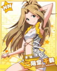 Rule 34 | &gt;:), 10s, 1girl, bracelet, brown hair, character name, green eyes, hairband, idolmaster, idolmaster million live!, jewelry, long hair, looking at viewer, lots of jewelry, necklace, nikaidou chizuru, official art, pointing, pointing at viewer, ponytail, skirt, smile, v-shaped eyebrows, very long hair