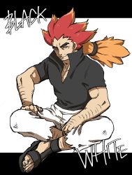 Rule 34 | 1boy, alder (pokemon), arm hair, black footwear, capri pants, closed mouth, commentary request, creatures (company), facial hair, full body, game freak, hair tie, leg hair, long hair, looking at viewer, male focus, multicolored hair, nintendo, orange hair, pants, pokemon, pokemon bw, ponytail, popped collar, red hair, sandals, sanwari (aruji yume), sitting, smile, solo, spiked hair, toes, torn clothes, torn pants, two-tone hair, white pants