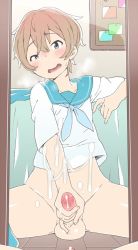 Rule 34 | 1boy, arm up, bed, blonde hair, blue eyes, blush, bottomless, brown hair, censored, collagen, commentary request, crossdressing, cum, cumdrip, erection, heavy breathing, looking at mirror, looking at viewer, male focus, male masturbation, masturbation, mirror, mosaic censoring, on floor, open mouth, penis, pinky out, puzzle &amp; dragons, puzzle &amp; dragons cm, reflection, short hair, solo, spread legs, sweatdrop, testicles, tokita kazuki, trap, uneven eyes, wavy mouth