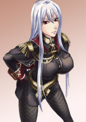 Rule 34 | 00s, 1girl, aiguillette, breasts, karee oshou, large breasts, long hair, military, military uniform, pantyhose, red eyes, selvaria bles, senjou no valkyria (series), senjou no valkyria 1, silver hair, solo, uniform, very long hair