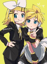Rule 34 | 1boy, 1girl, arm warmers, black dress, blonde hair, blue eyes, blush, bow, commentary, crossdressing, dot nose, dress, expressionless, formal, hair bow, hand on another&#039;s shoulder, hand on own hip, headset, holding, holding tray, kagamine len, kagamine rin, leaning forward, looking at viewer, maid, sash, satou asuka, short hair, siblings, simple background, smile, standing, suit, tray, v, vocaloid, white bow, yellow background