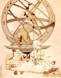 Rule 34 | 2girls, apple, armillary sphere, artist name, bag, boots, bug, butterfly, capelet, cosmic (crownclowncosmic), cover, cover page, dress, food, fruit, hat, highres, insect, long sleeves, magical astronomy, maribel hearn, monochrome, multiple girls, puffy sleeves, revision, sash, shirt, short sleeves, signature, sitting, skirt, spot color, touhou, usami renko